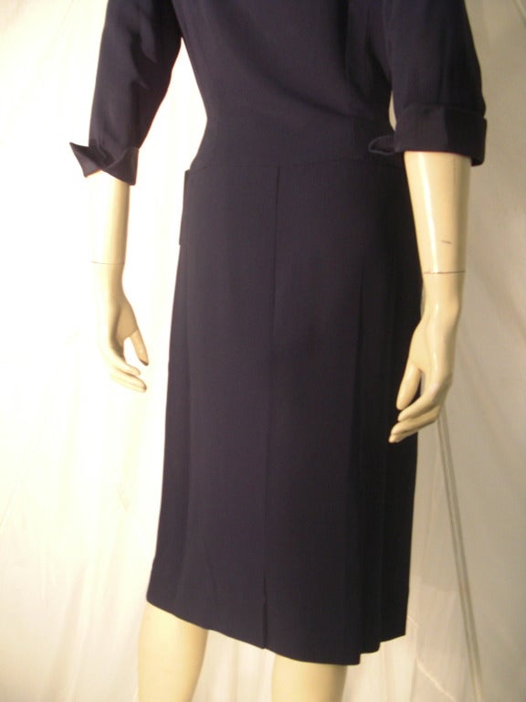 1950s Navy Blue Bonwit Teller Day Dress with Faille Bow and Cartridge Peat Detail 2