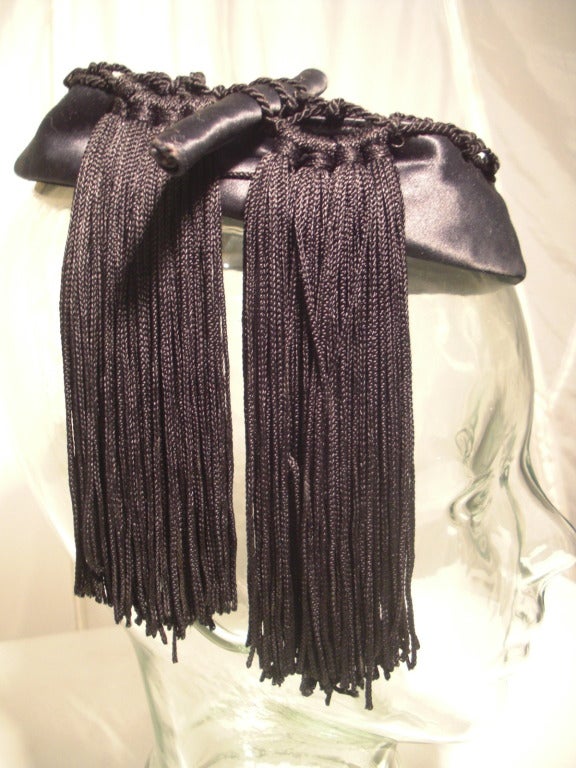 1940s Lord & Taylor Black Satin and Crochet Evening Hat w/ Tassels In Excellent Condition In Gresham, OR
