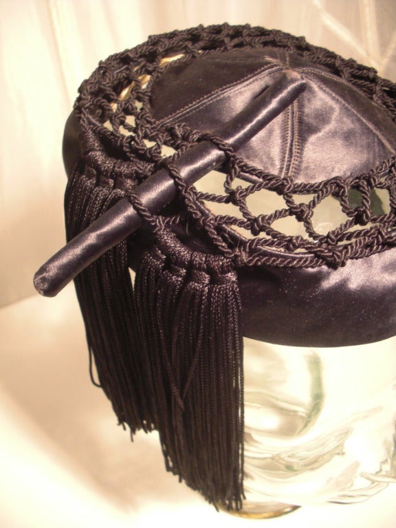 Women's 1940s Lord & Taylor Black Satin and Crochet Evening Hat w/ Tassels