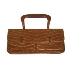 Vintage Early 1950s Cappuccino Brown Alligator Handbag with Pockets