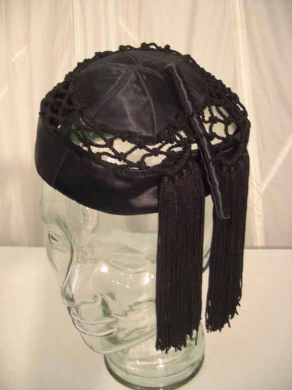 1940s Lord & Taylor Black Satin and Crochet Evening Hat w/ Tassels