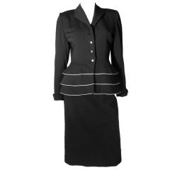 1950s Lilli Ann Black Fitted Suit w/ White Piping at Hips and Jewel Buttons 8