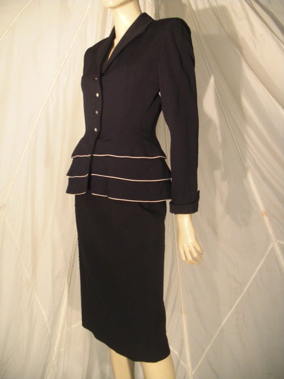 Gray 1950s Lilli Ann Black Fitted Suit w/ White Piping at Hips and Jewel Buttons