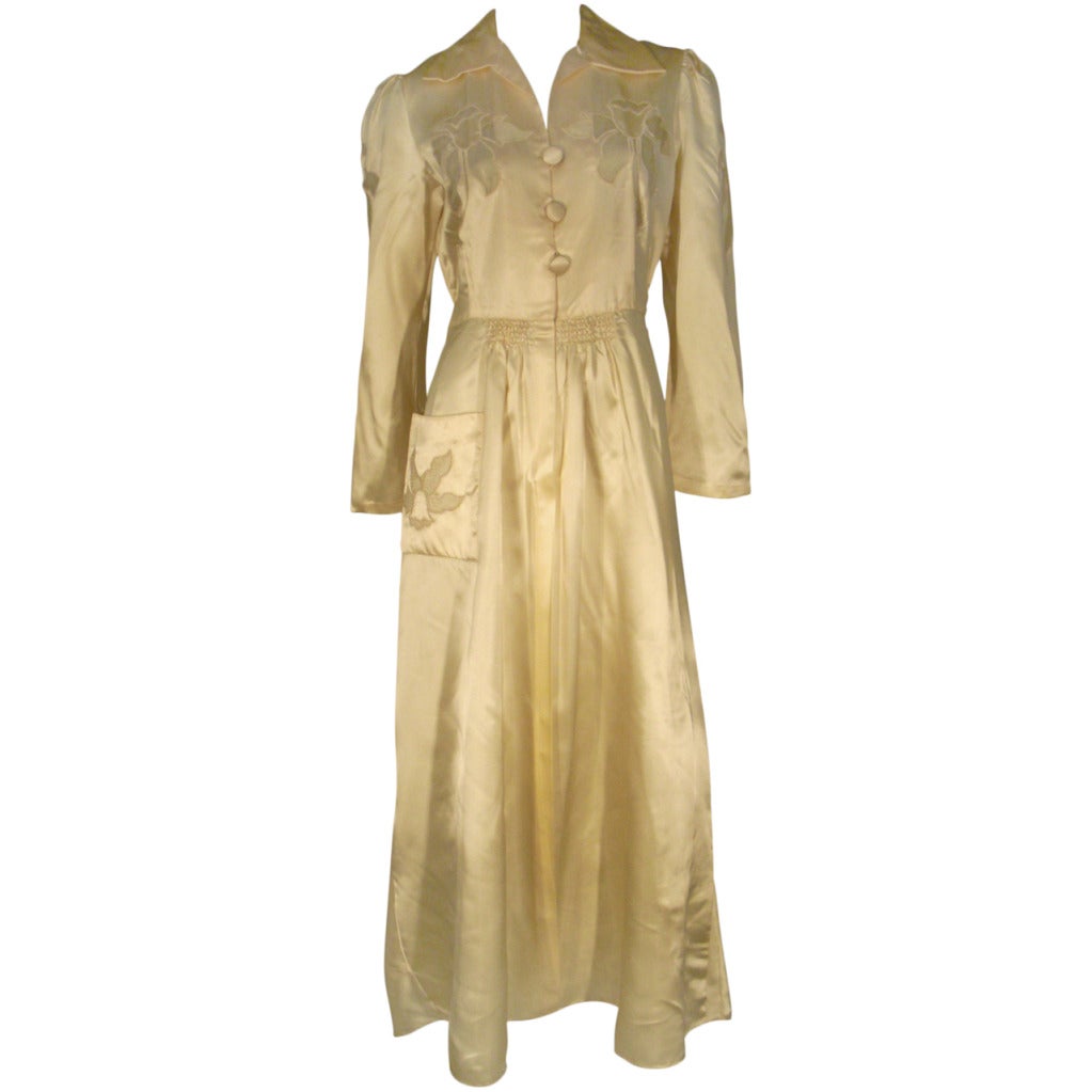 1940s Satin Lounging Robe with Sheer Insets