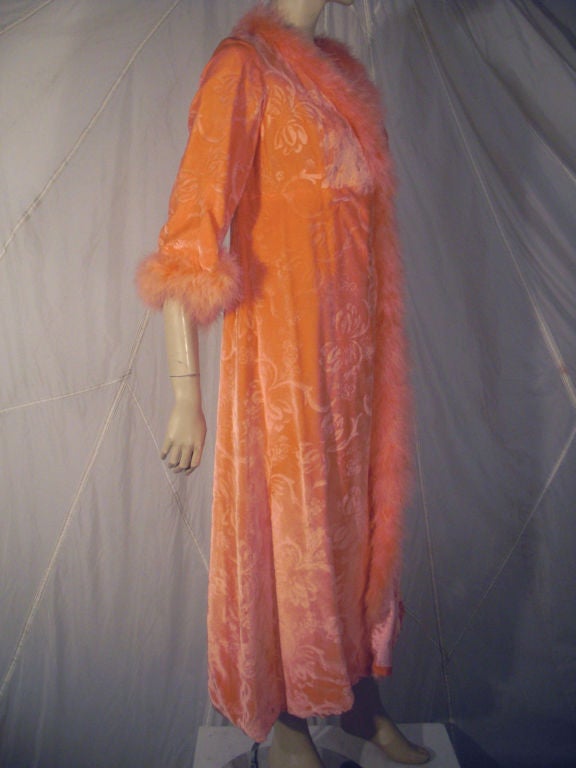 French Coral Velvet Robe with Marabou Cuffs and Neckline