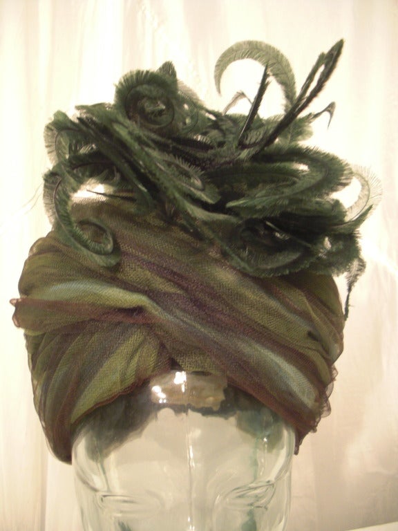 Black 1950s Mr. Robert Tulle Turban with Curled Feathers in Teal Variations