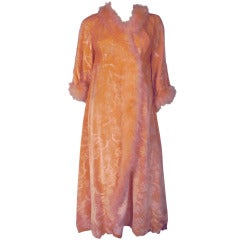 Vintage French Coral Velvet Robe with Marabou Cuffs and Neckline