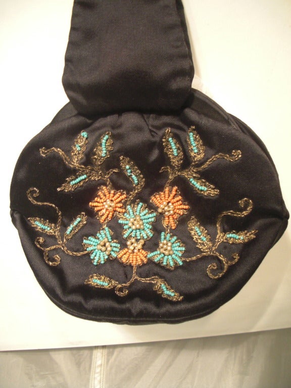 Black 1940s Rosenfeld Silk Satin Embroidered and  Beaded Evening Bag