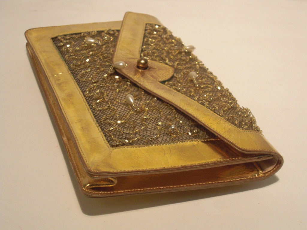 Brown 1950s Koret Gilt Leather and Sheer Sequin Evening Envelope Handbag