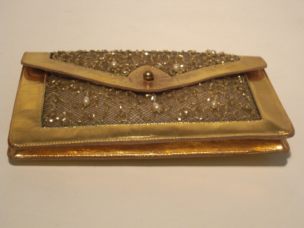 1950s Koret Gilt Leather and Sheer Sequin Evening Envelope Handbag In Excellent Condition In Gresham, OR
