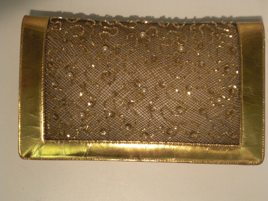 Women's 1950s Koret Gilt Leather and Sheer Sequin Evening Envelope Handbag