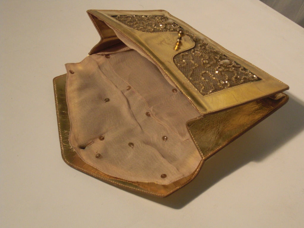 1950s Koret Gilt Leather and Sheer Sequin Evening Envelope Handbag 2