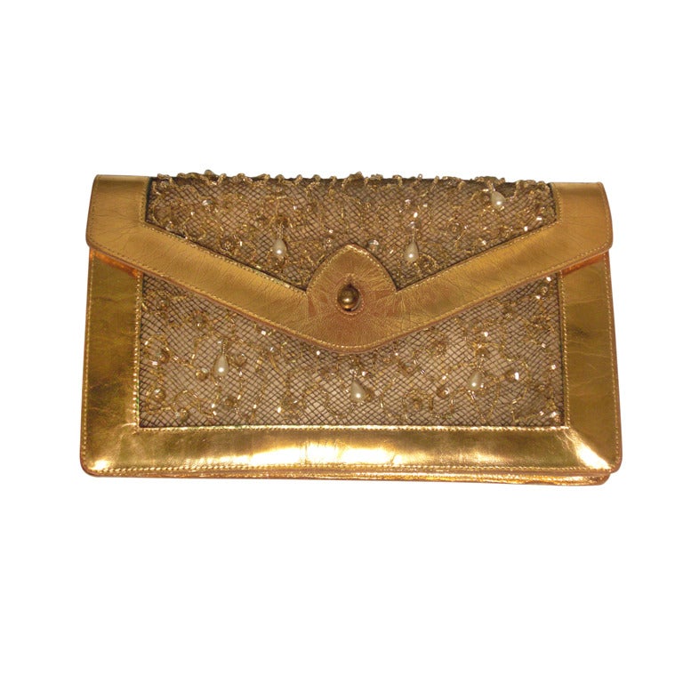 1950s Koret Gilt Leather and Sheer Sequin Evening Envelope Handbag