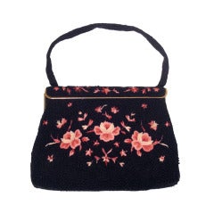 Vintage 1950s French Beaded and Embroidered Handbag w Spring Hinge Closure