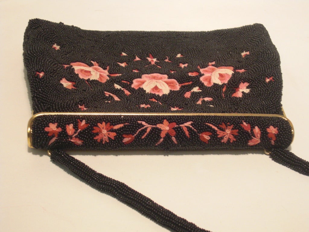 Women's 1950s French Beaded and Embroidered Handbag w Spring Hinge Closure