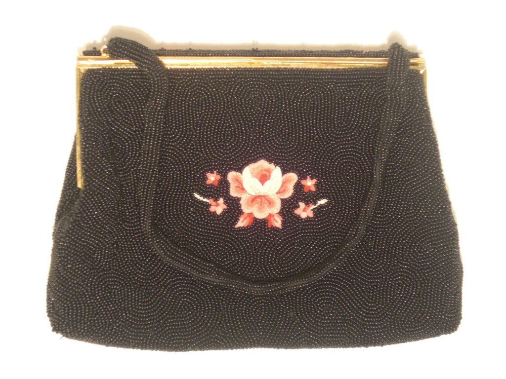 1950s French Beaded and Embroidered Handbag w Spring Hinge Closure 1