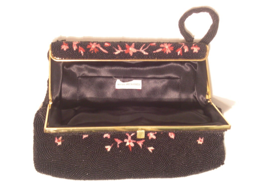 1950s French Beaded and Embroidered Handbag w Spring Hinge Closure 2