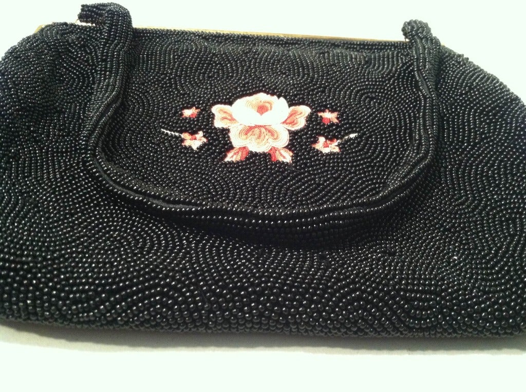 1950s French Beaded and Embroidered Handbag w Spring Hinge Closure 3