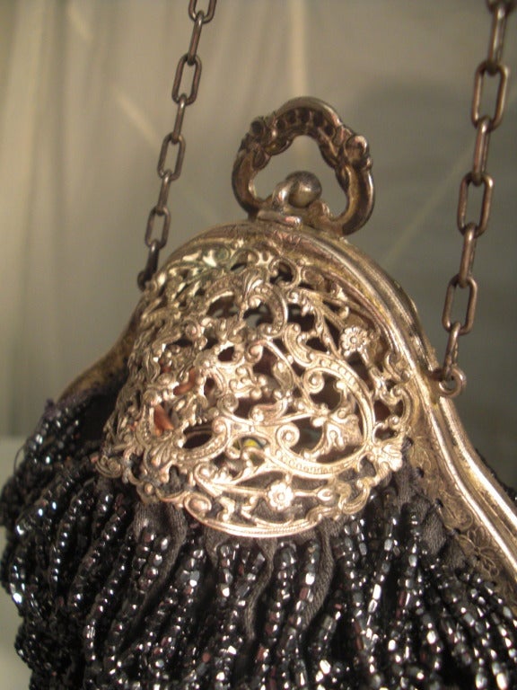 1920s Beaded Evening Bag in Charcoal Gray with Unique Shape 1