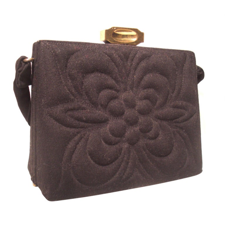 1940s Trapunto Stitched Black Wool Structured Box Purse Handbag
