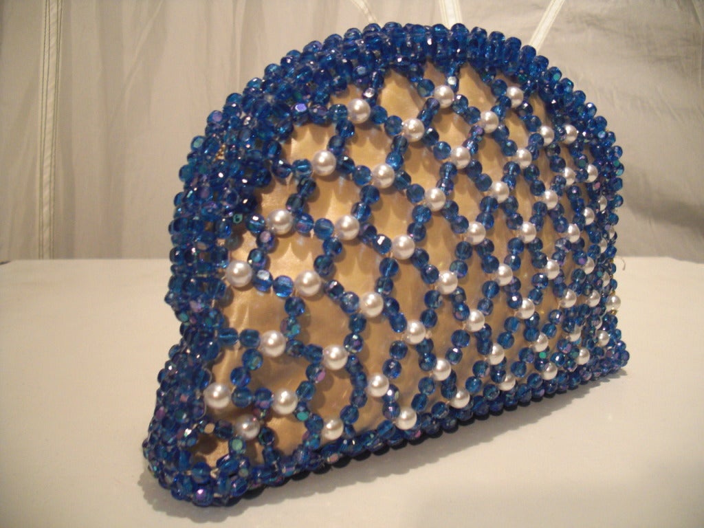 1960s Koret Hand-Beaded Satin Lined Mesh Evening Clutch Bag In Excellent Condition In Gresham, OR