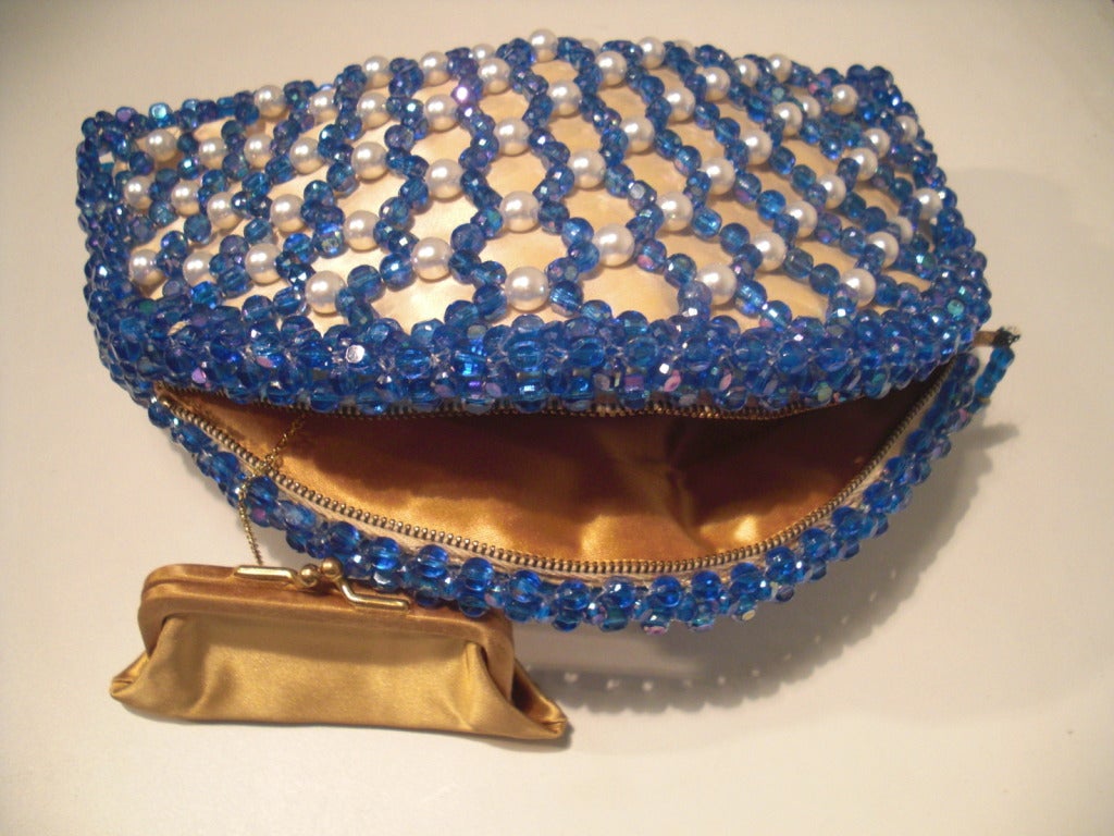 1960s Koret Hand-Beaded Satin Lined Mesh Evening Clutch Bag 3
