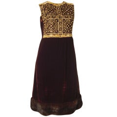 1960s Oscar de La Renta Velvet Studded and Embroidered Dress w/ Fur Hem