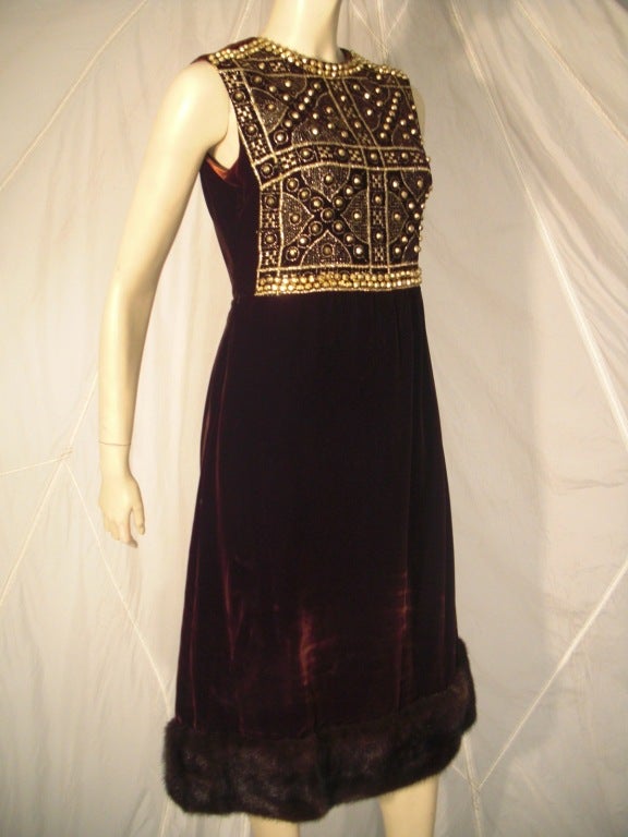Women's 1960s Oscar de La Renta Velvet Studded and Embroidered Dress w/ Fur Hem