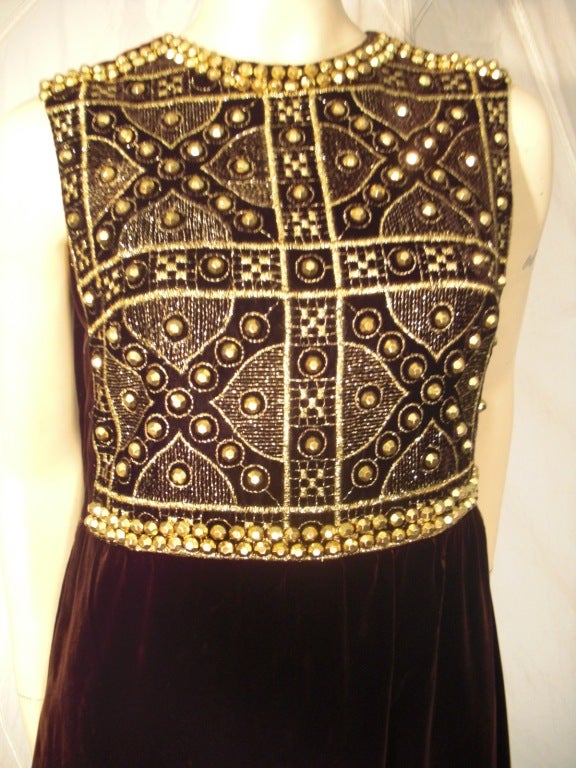 1960s Oscar de La Renta Velvet Studded and Embroidered Dress w/ Fur Hem 1