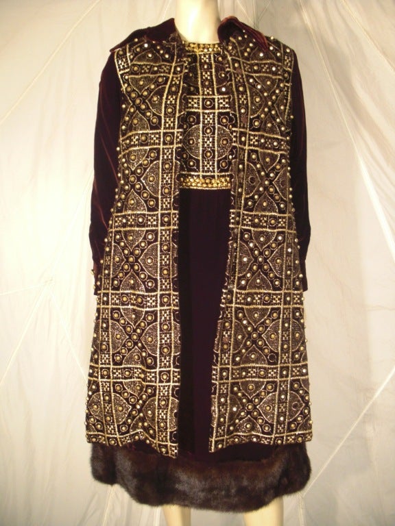 1960s Oscar de La Renta Velvet Studded and Embroidered Dress w/ Fur Hem 3
