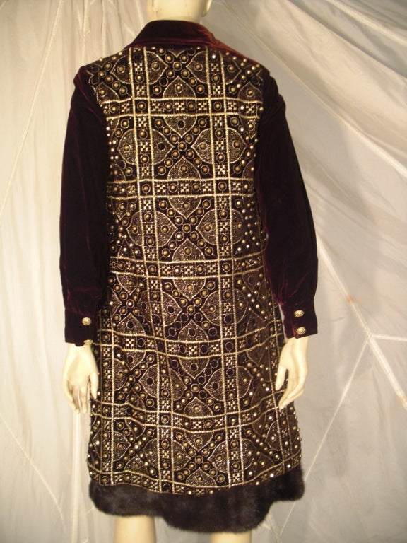 1960s Oscar de La Renta Velvet Studded and Embroidered Dress w/ Fur Hem 4