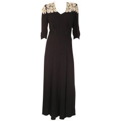1940s Milgrim Black Crepe Evening Gown with Illusion Beaded Leaves at Neckline