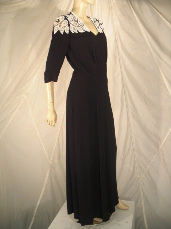 1940s Milgrim Black Crepe Evening Gown with Illusion Beaded Leaves at Neckline