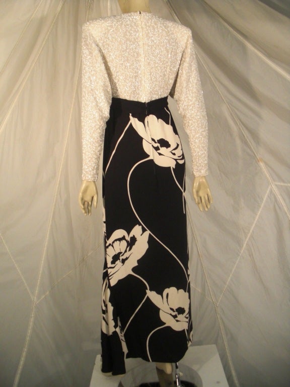 1987 James Galanos Bold Black and White Floral Print Gown w/ Beaded Top In Excellent Condition In Gresham, OR