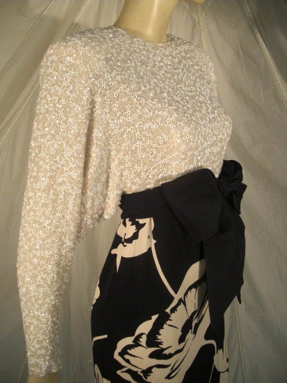 Women's 1987 James Galanos Bold Black and White Floral Print Gown w/ Beaded Top