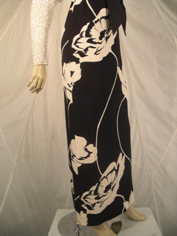 1987 James Galanos Bold Black and White Floral Print Gown w/ Beaded Top 1