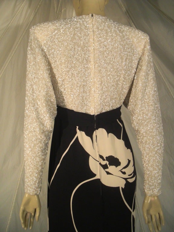 1987 James Galanos Bold Black and White Floral Print Gown w/ Beaded Top 2