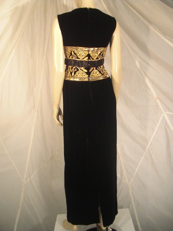 Black 1960s I. Magnin Velvet Column w/ Elaborate Gold Embellished Bodice