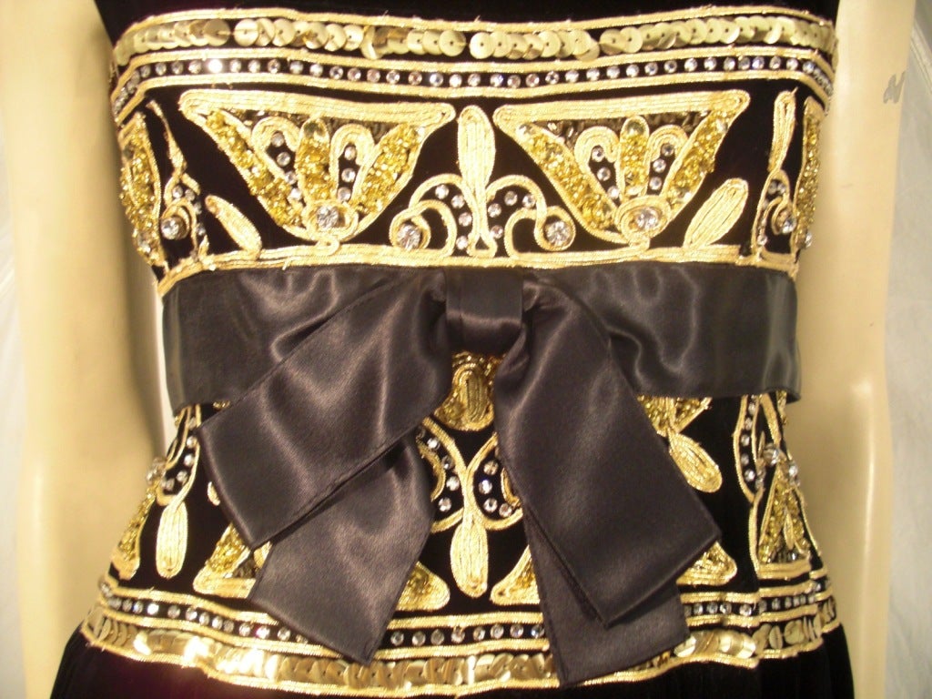 Women's 1960s I. Magnin Velvet Column w/ Elaborate Gold Embellished Bodice