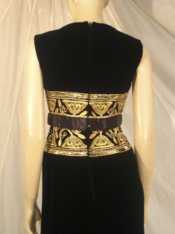 1960s I. Magnin Velvet Column w/ Elaborate Gold Embellished Bodice 1