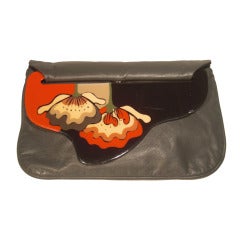 1980 Moon Bag Gray Leather Clutch w/ Hand Painted Lucite Closure