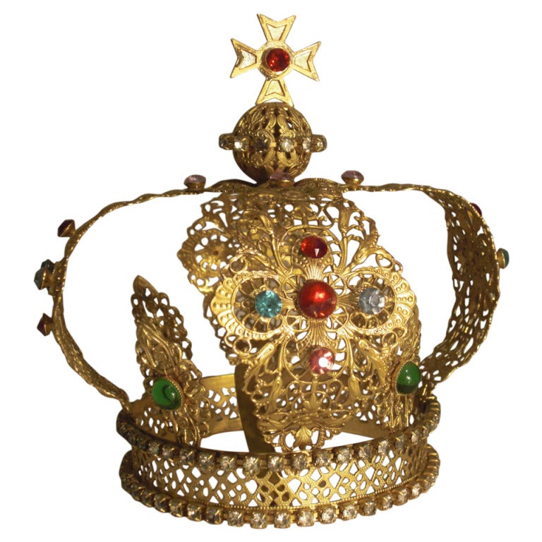 A Vintage Italian Miniature Metal Filigree and Jeweled Royal Crown
