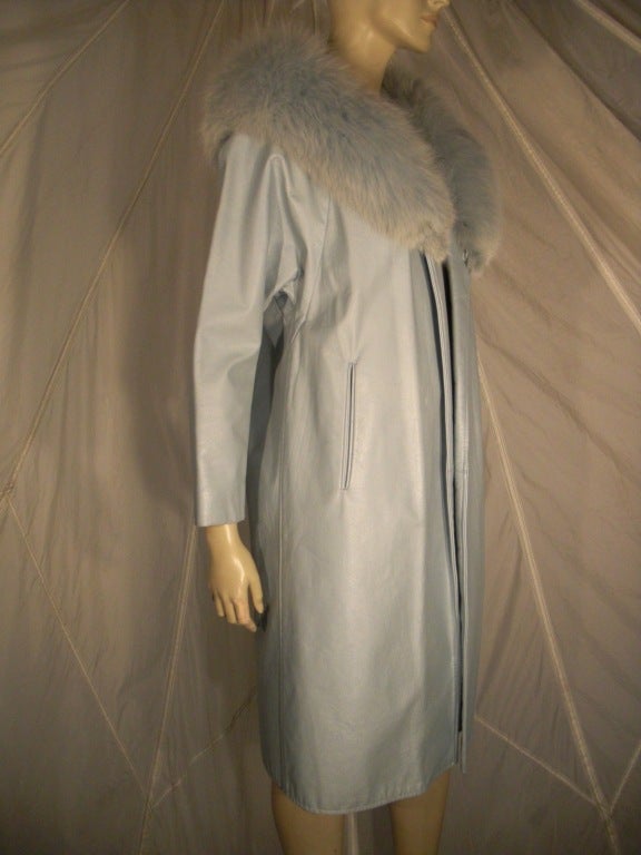 1960s Sky Blue Leather Car Coat w/ Matching Dyed Fox Collar