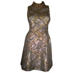 1960s Metallic Brocade Mini Dress with Beaded and Stoned Neck and Waist
