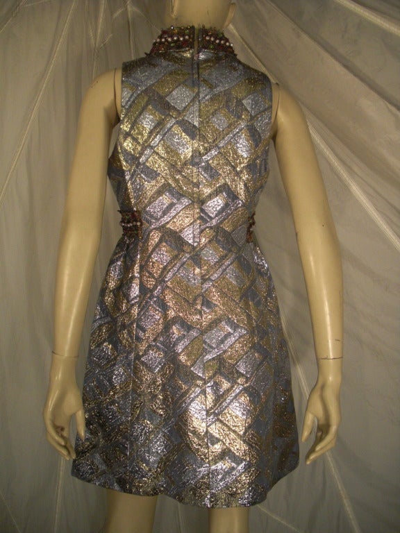 1960s Metallic Brocade Mini Dress with Beaded and Stoned Neck and Waist In Excellent Condition In Gresham, OR