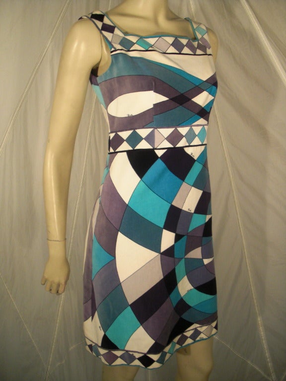 A fabulous 1960s Emilio Pucci cotton velveteen geometric print mini dress.  Originally from Saks Fifth Avenue. Side zipper.