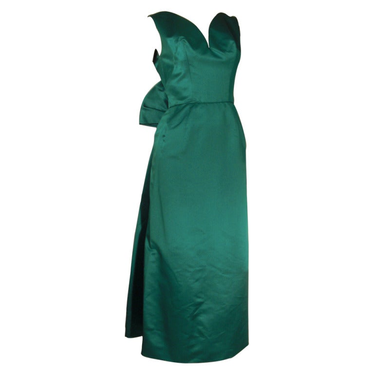 1950s Helga Emerald Green Silk Satin Gown w/ Back Bow