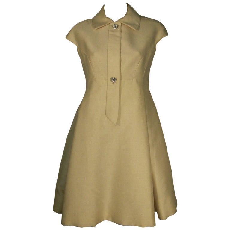 1960s Geoffrey Beene Mod Silk Button-Down Dress w/ Full Skirt