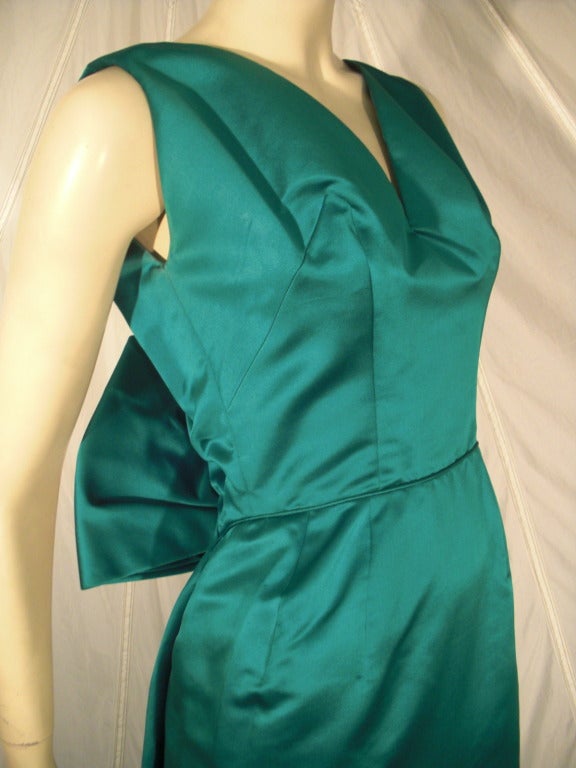 1950s Helga Emerald Green Silk Satin Gown w/ Back Bow 1