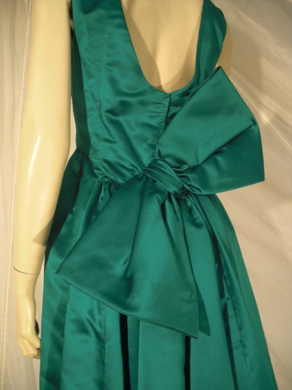 1950s Helga Emerald Green Silk Satin Gown w/ Back Bow 2